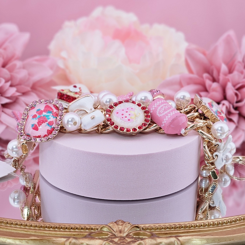 Betsey Johnson Bracelet Pink Baking Cluster Toggle Croissant Valentine's Day NEW